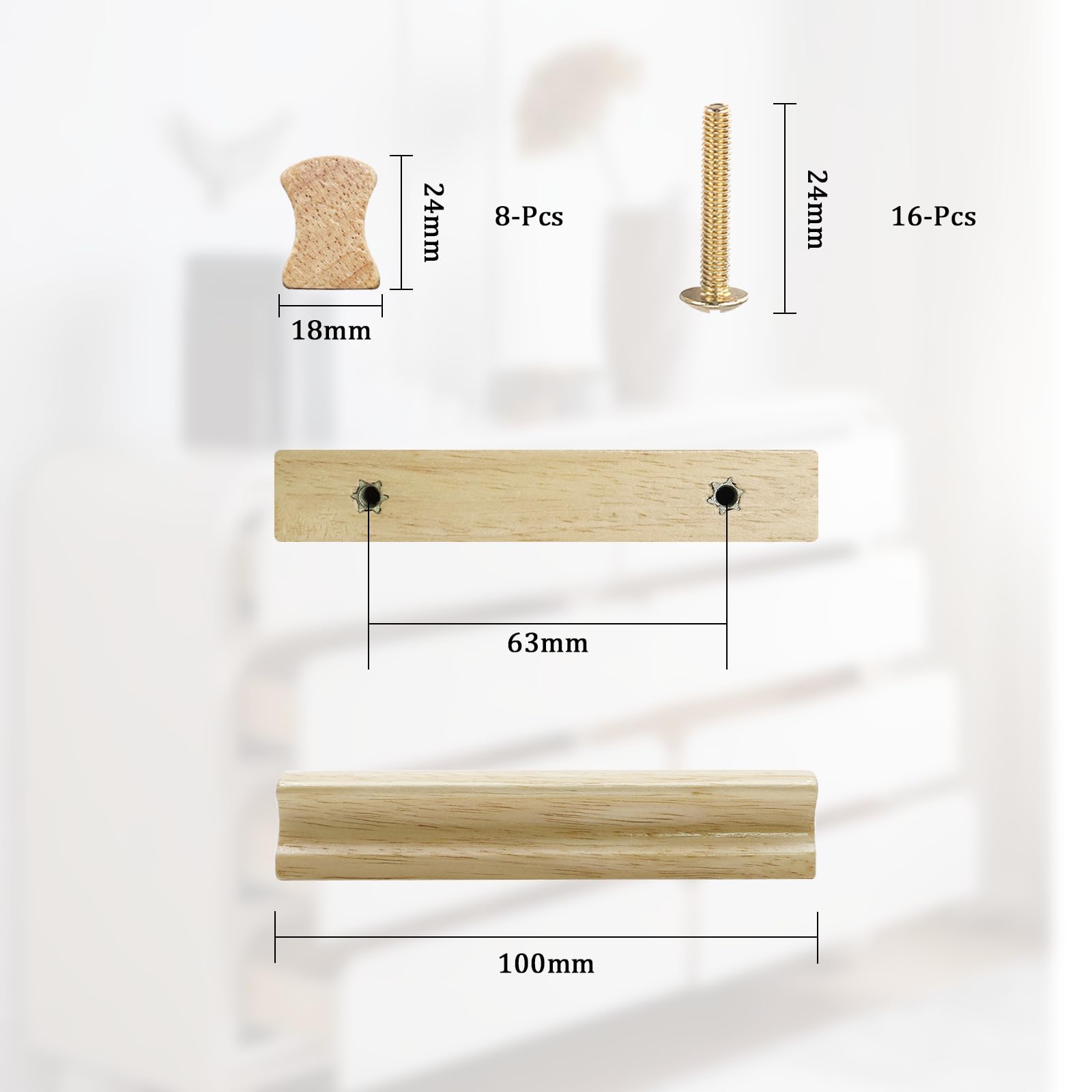 TaboSI Pack of 8 100 mm Furniture Handles Wooden Cabinet Handles Wood with Screws 64 mm Hole Spacing Furniture Wood Handles Door Handles Wooden Door Handles for Cupboards Drawers Furniture Bathrooms - Image 2