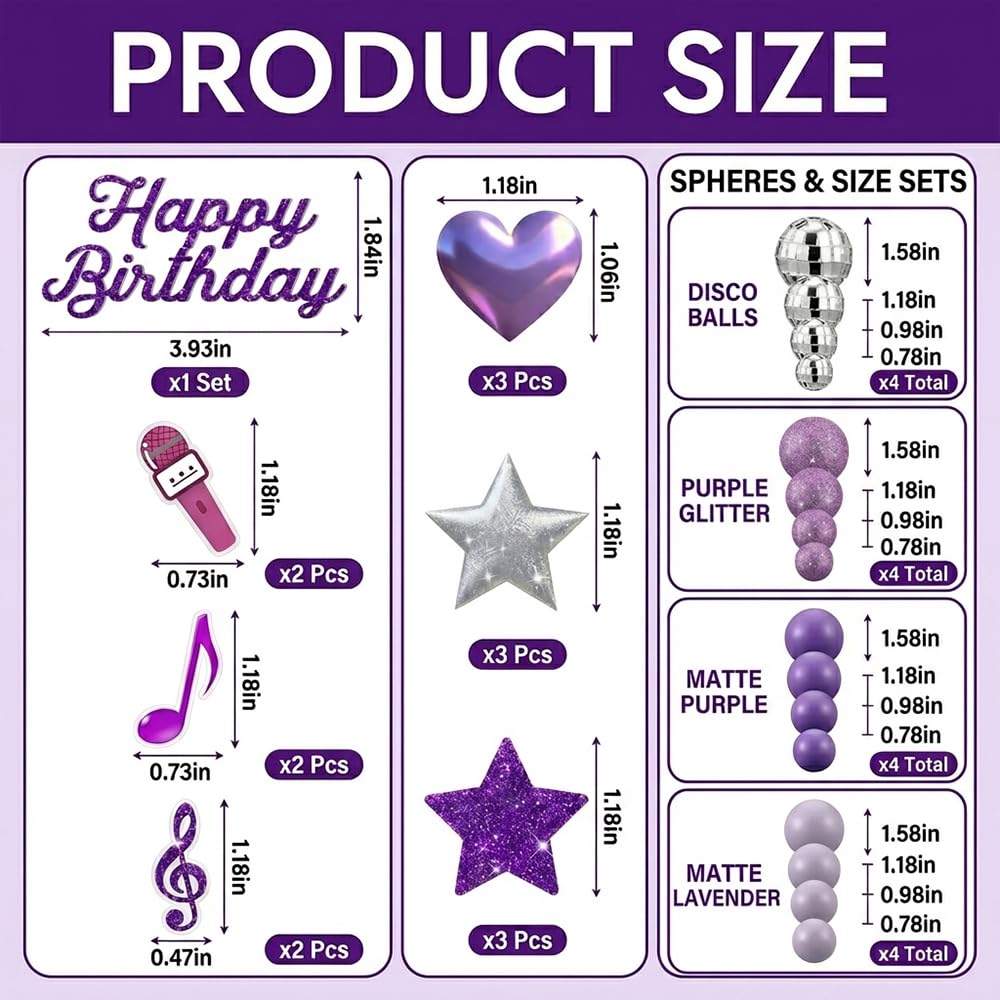 32Pcs Disco Balls Cake Toppers, Glitter Happy Birthday Sign with Silver Disco Balls, Star and Heart Picks, 80s Musical Note Party Decorations for Birthday Party Decorations — view 2