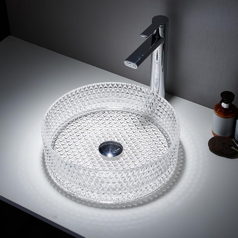 Milano Transparent Ballam Clear Crystal Tempered Glass Round Countertop Bathroom Basin Sink - 353Mm