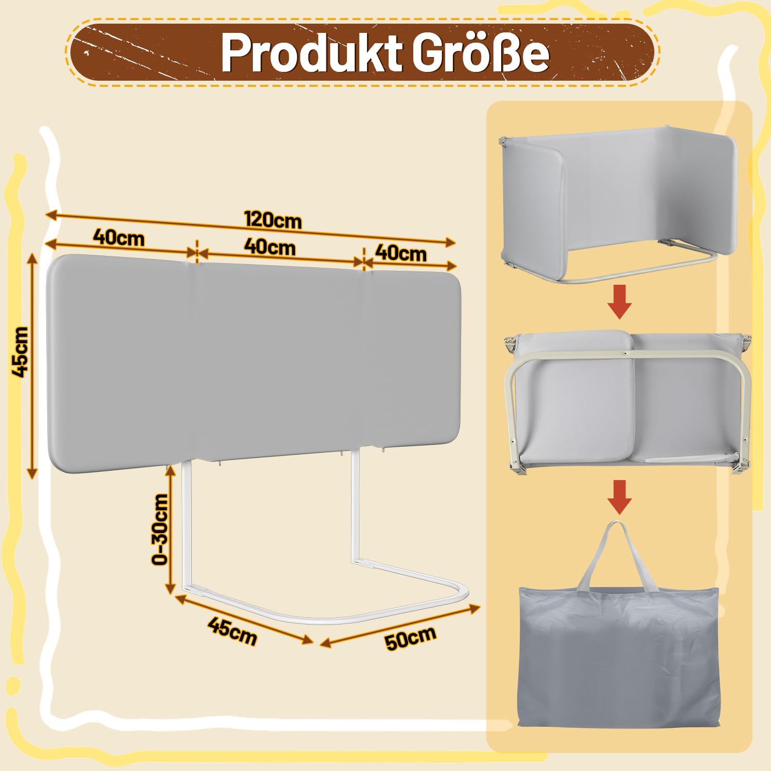 Eulenke Barrera de cama de 120 cm con protección contra caídas, plegable, altura ajustable, barrera de protección para cama infantil, portátil, para viajes, montaje fácil, gris