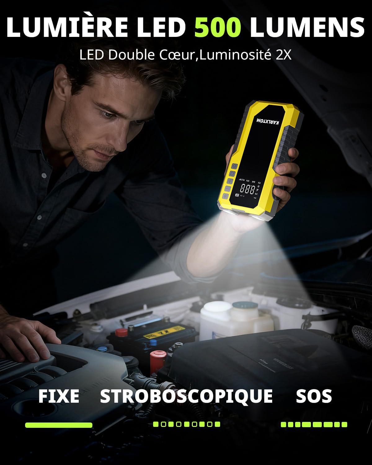Karlxtom Booster Batterie Voiture avec 190 PSI Gonfleur, 12V Booster Voiture Puissant(Tous Gaz ou 10L Diesel), Écran LCD, 500LM Eclairage de Secours, Banque d'alimentation