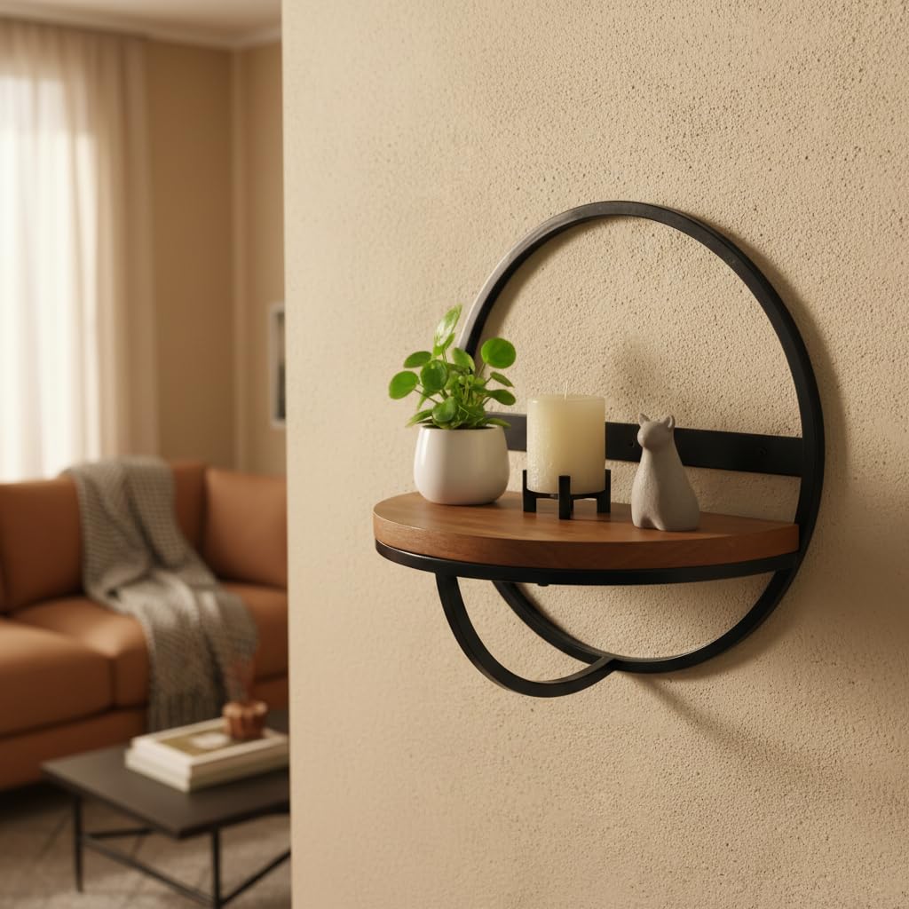 Modern Round Floating Wall Shelf - 13 Inch Black Iron & Wood Decorative Wall Mount Display Rack for Home Decor-image-19