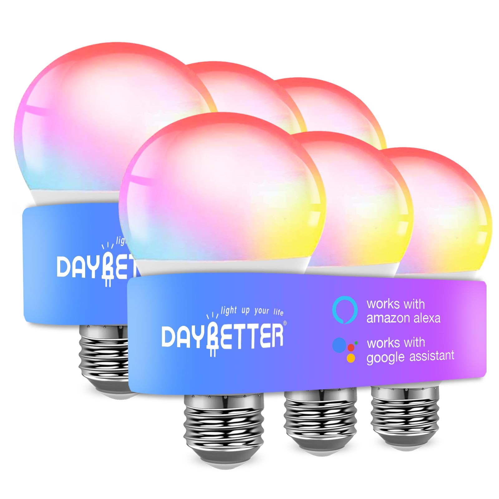 DAYBETTER Smart Light Bulbs, Alexa Light Bulb, WiFi Light Bulbs, RGBCW Color Changing Light Bulb A19 9W 800LM, Smart Bulbs That Work with Alexa & Google Assistant, Music Sync, No Hub Required, 6 Pack
