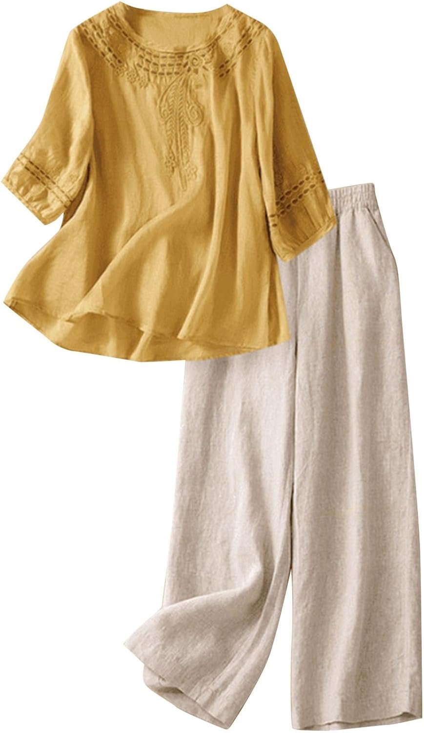 2 Piece Outfits for Women Summer Cotton Linen Casual Matching Set 3/4 Sleeve Embroidered Tops and Capri Pants