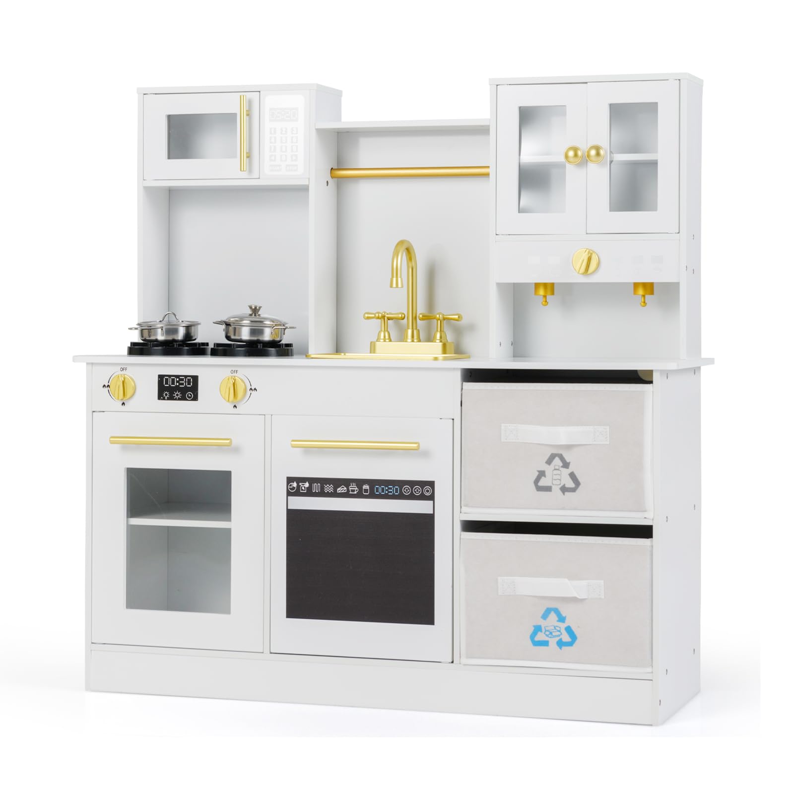 RELAX4LIFE Cucina Giocattolo in Legno per Bambini, Effetti Simulati di Luce e Suono, Cucina Giocattolo Interattiva con 2 Cassetti in Tessuto, Forno Lavello Microonde e Utensili (Bianco)