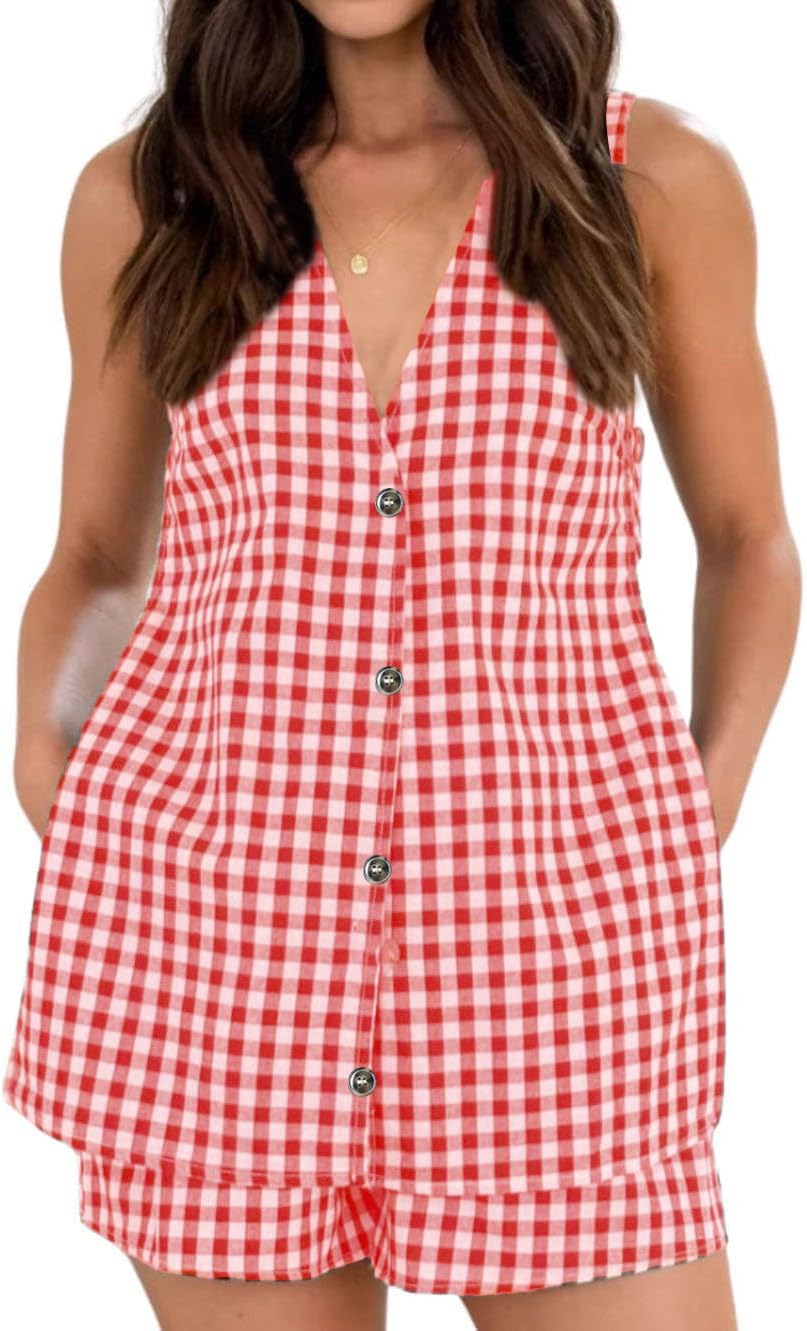 codcm Women's 2 Piece Summer Outfits Gingham Vest and Shorts Matching Set