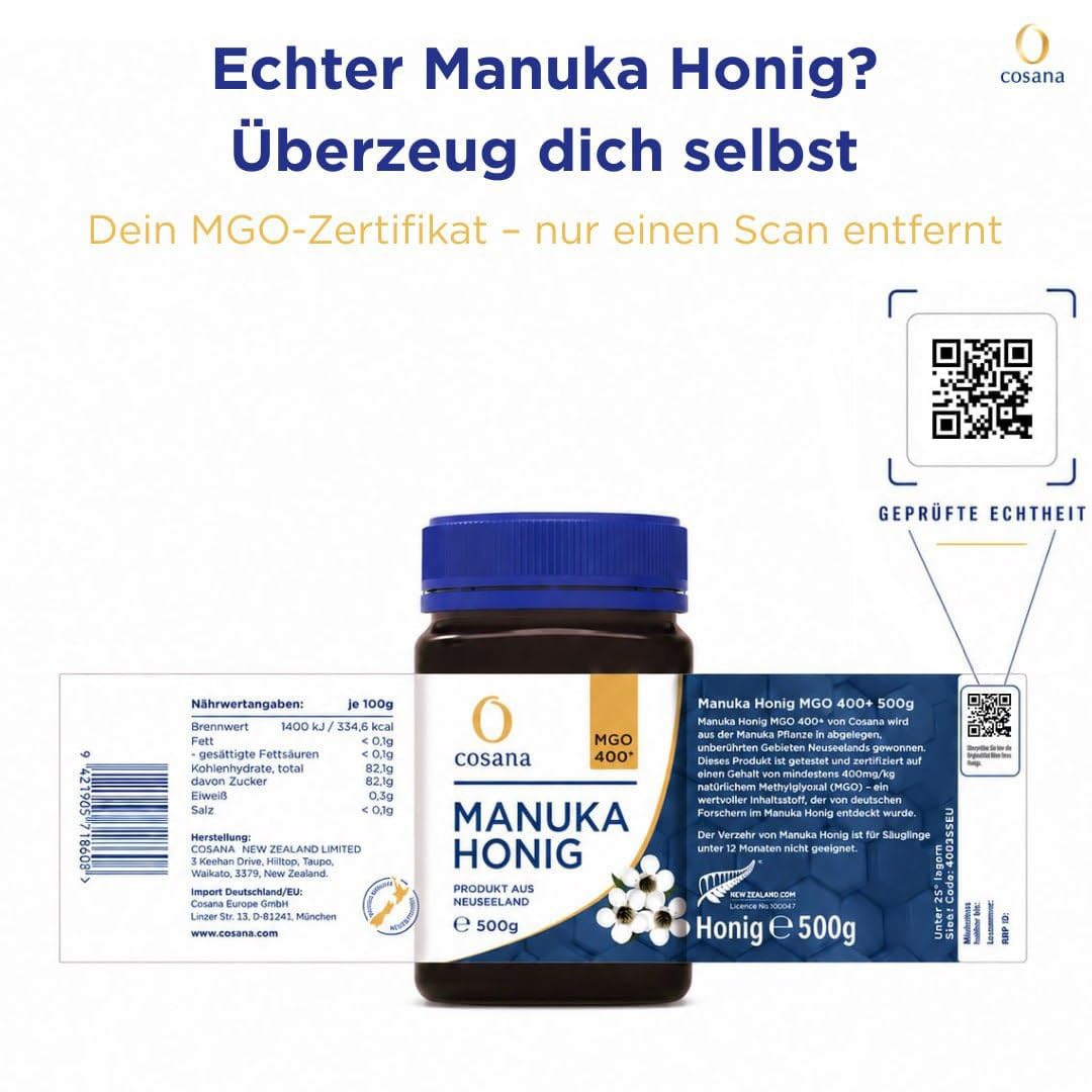 Cosana Manuka Honig 400 MGO 500g – 100% Pur, zertifiziert aus Neuseeland