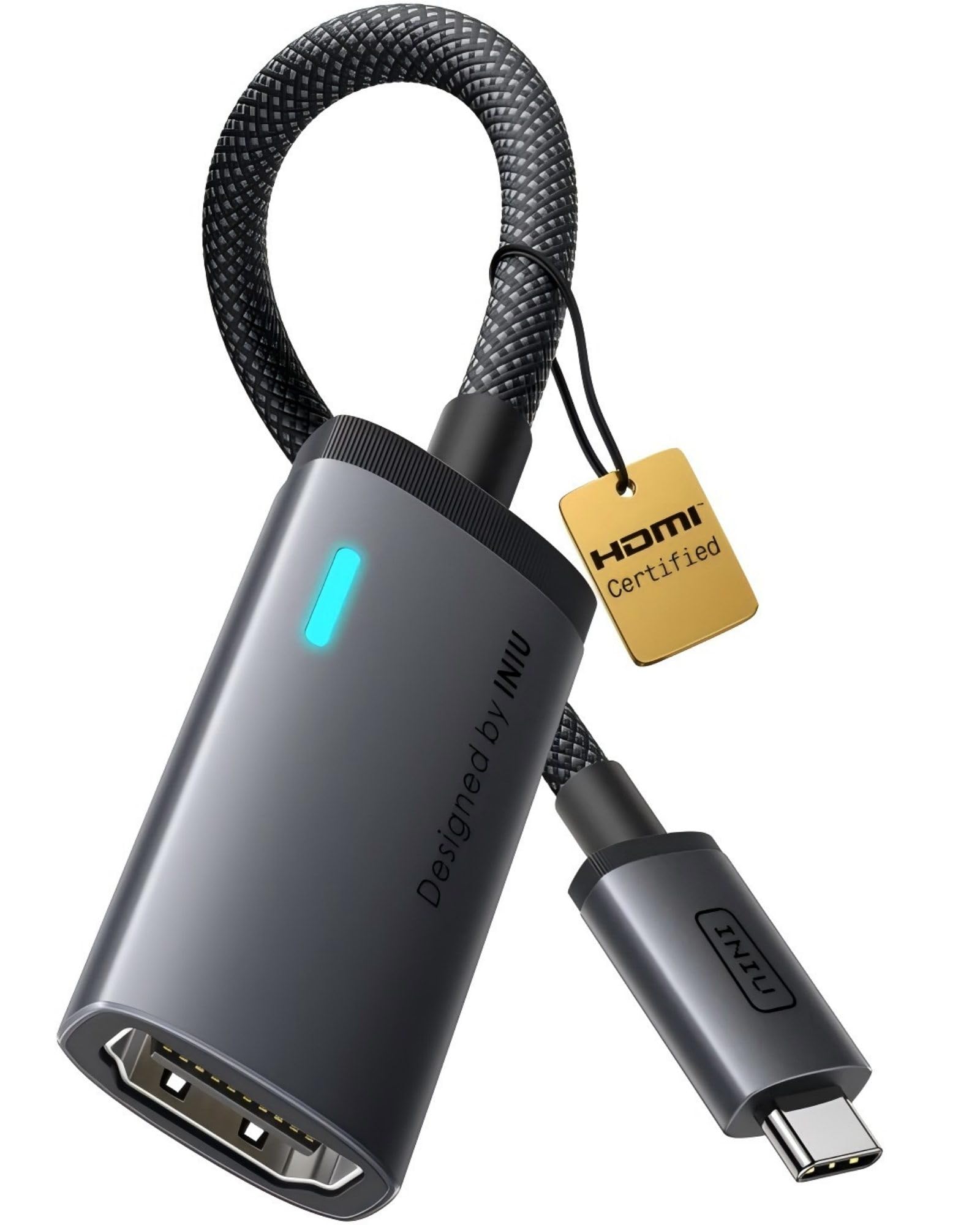 INIU Adattatore USB C a HDMI, Certificato HDMI Ufficiale con LED di Diagnostica Intelligente, 4K@60Hz Cavo per MacBook, iMac Laptop, iPad, iPhone, Samsung Steam Deck, Compatibile Thunderbolt 3/4 Ports
