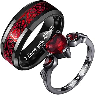 Custom Couple Rings Stainless Steel Promise Rings for Him and Her Red and Black Wedding Rings for Couples Set Personalized Heart CZ Engagement Rings for Women Celtic Dragon Titanium Rings For Men