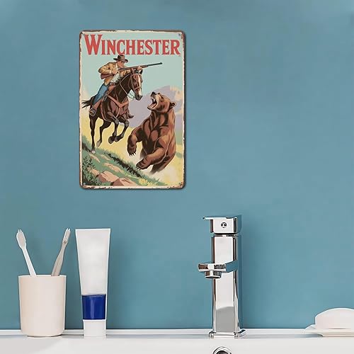 Miniatura 5 de Letrero de metal vintage de Winchester con texto en inglés "Cowboy and Bear Confrontation", para jardín, patio, bar, porche, garaje, hogar,