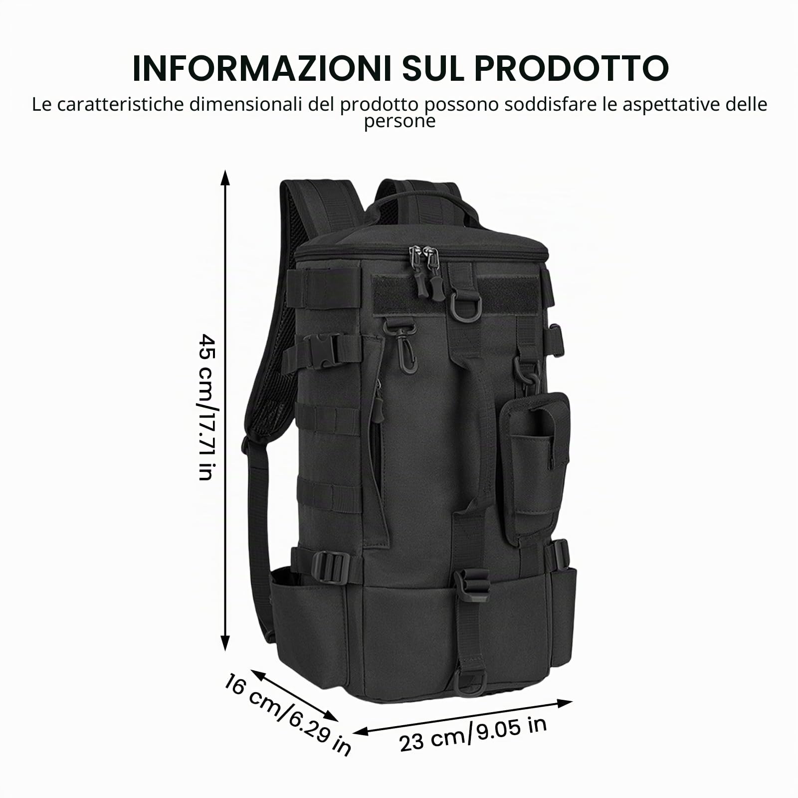 Zaino da pesca con supporto canna: 45 x 16 x 23 cm, impermeabile, per esterni, porta canna, nero, multifunzionale, militare, campeggio, sport all'aria aperta