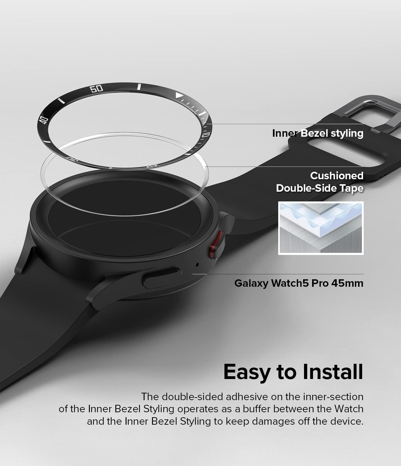 Ringke Inner Bezel Styling [Stylish Stainless Steel Frame] Compatible with Samsung Galaxy Watch 5 Pro Case, Anti Scratch Protector Adhesive Inner Cover Accessory - 45-IN-02 (ST) Black