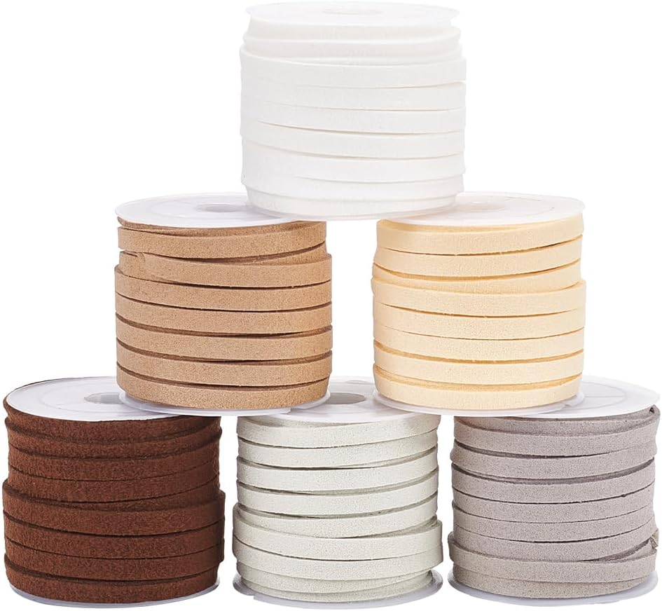 PH PandaHall 5mm Faux Leather Cord 6 Rolls Suede String Flat Suede Cord Thin Leather Lace String for Jewelry Making Tassels Bracelet Necklace Beading Art Crafts Dream Catchers, 32yards/30m