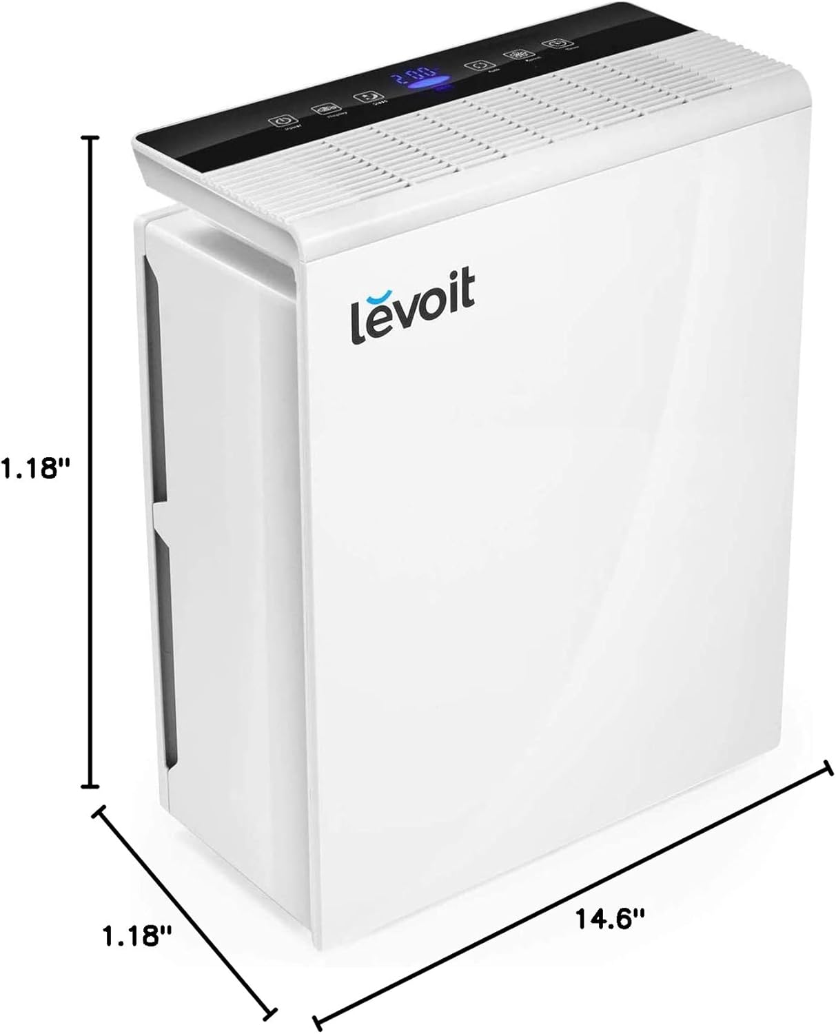 Detailed dimensions of the LEVOIT LV-PUR131 Air Purifier, showing width and depth measurements.