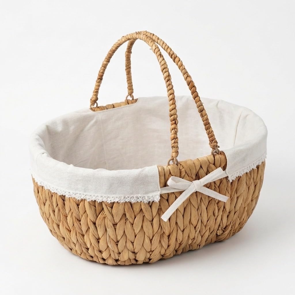 Photo 1 of UoeRing Large Picnic Basket with Handles, Handwoven Water Hyacinth with Removable and Washable Lining, Oval Basket for Camping, Outdoor, Gift, Home Decor.White