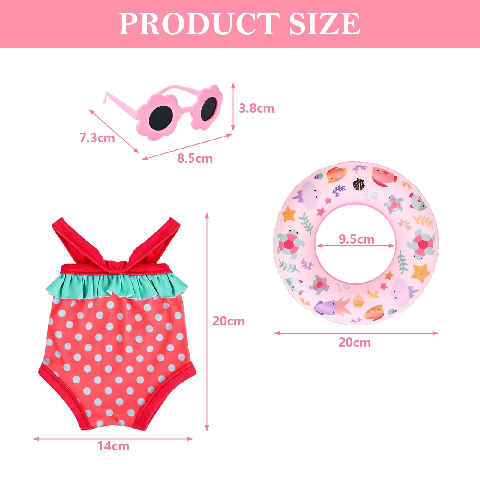Schwimmset für Puppen, Sommer Puppenkleidung, Puppenzubehör mit Badeanzug Schwimmring Sonnenbrille Clogs für 35-45 cm Puppen (A)