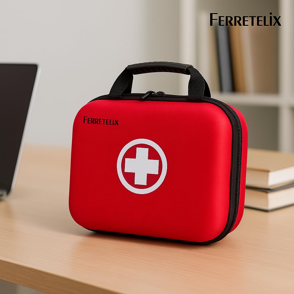 FERRETELIX® Botiquin neceser primeros auxilios con dotacion 25 cm x 20 cm x 8 cm Completo Emergencia, Para Viaje y Acampada, Coche, Supervivencia, Excursión, Montaña, Senderismo, Aventura, Rojo.