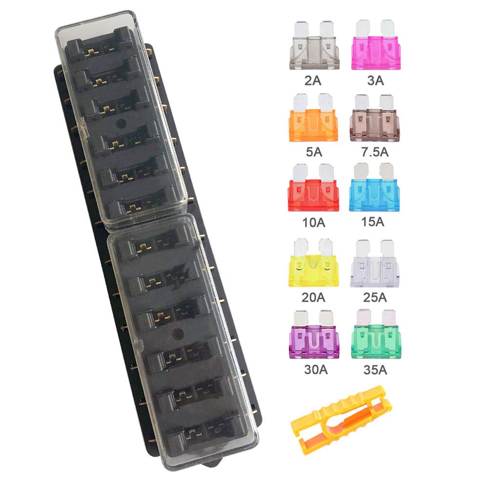 12 Vie Scatola Portafusibili Standard, 12V / 24V / 32V / 48V Generic Impermeabile Scatola Fusibili, con 10 Pezzi Libero Fusibile Lama Standard (2/3 / 5/7.5/10 / 15/20 / 25/30 / 35A)