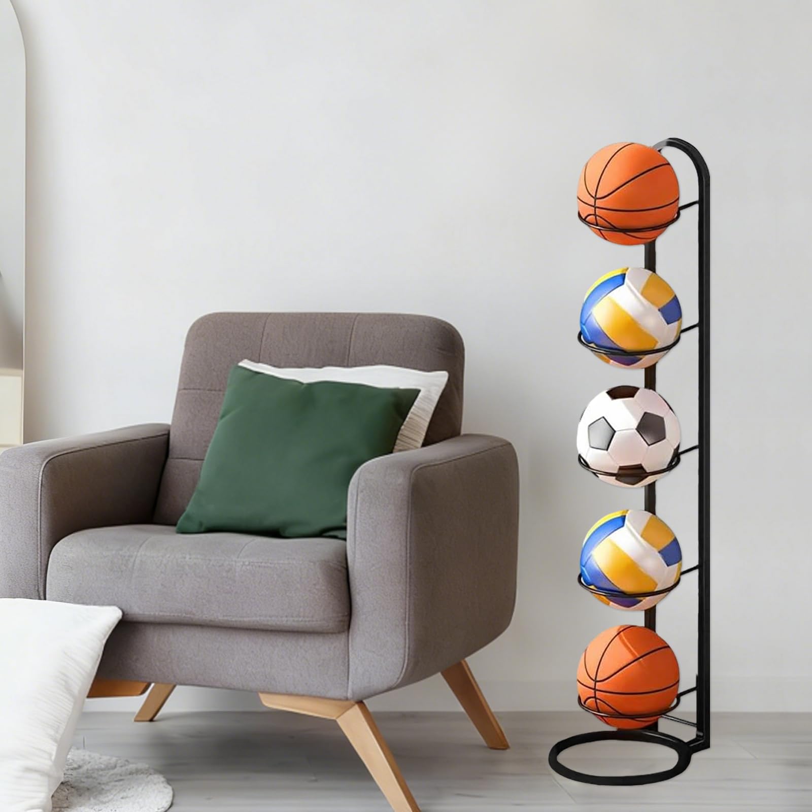 Porta Palloni da Calcio con Borsa a Rete Scaffale Portaoggetti per Palloni Rimovibile a 5 Livelli in Ferro Porta Pallone Pallacanestro per Attrezzature Sportive Basket Pallavolo
