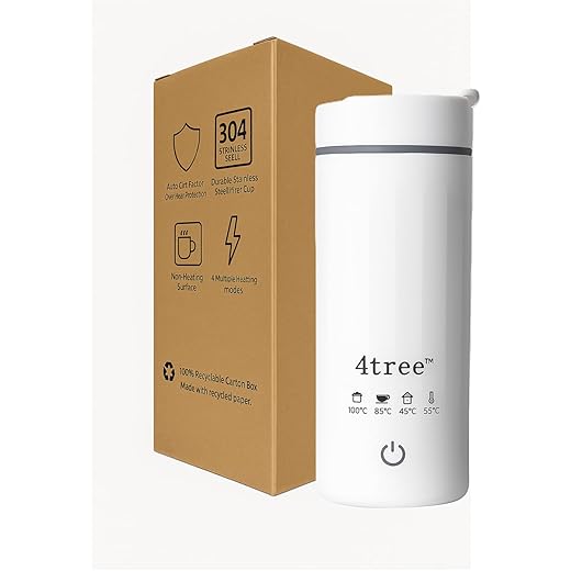 4tree Electric Flask Kettle 500ml | Portable Travel Kettle for Office & Home | Leak Proof Bottle Design | 4 Heating Modes | Food-Grade 304 Stainless Steel | Auto Shut-Off | 300W Compact & Cool Touch