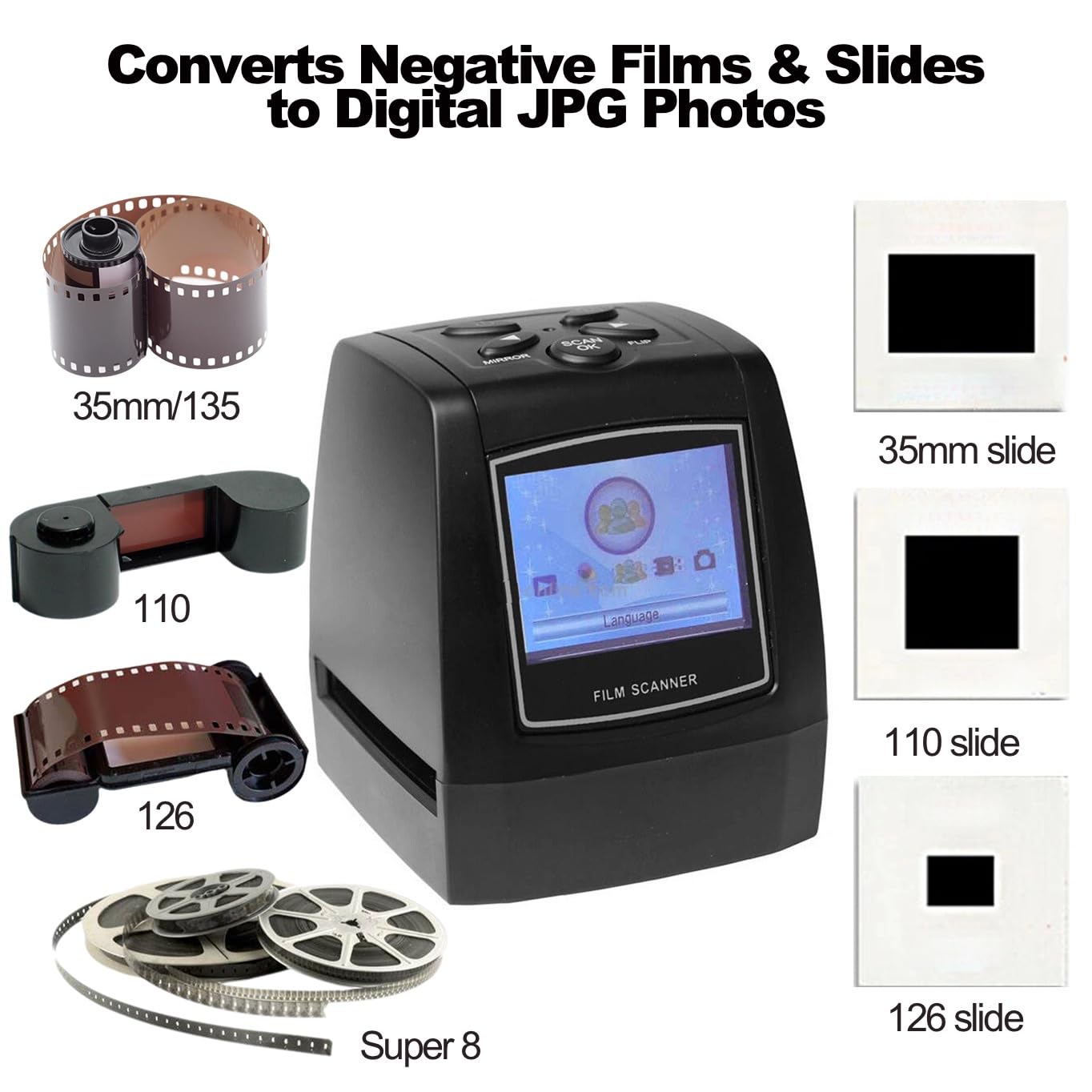 Film and Slide Scanner, Retro Negative Film Scanner, 35mm/135 110 126 Super 8 Films Old Slides to JPG Photos Digital Converter, Support SD Card/PC Link, Color LCD Screen