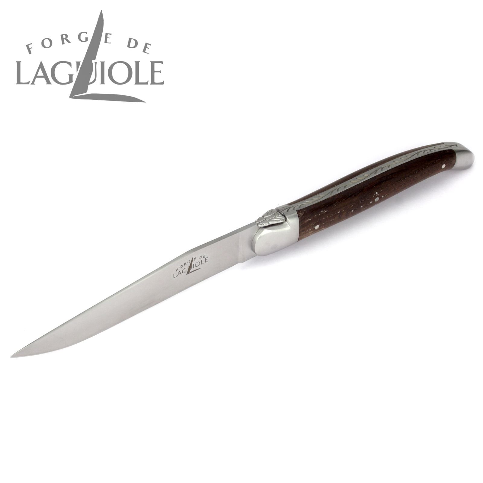 Forge de Laguiole - Steakmesser und Gabel je 1x im Set - Griff fossile Mooreiche - Steakbesteck Frankreich - Stahl satiniert