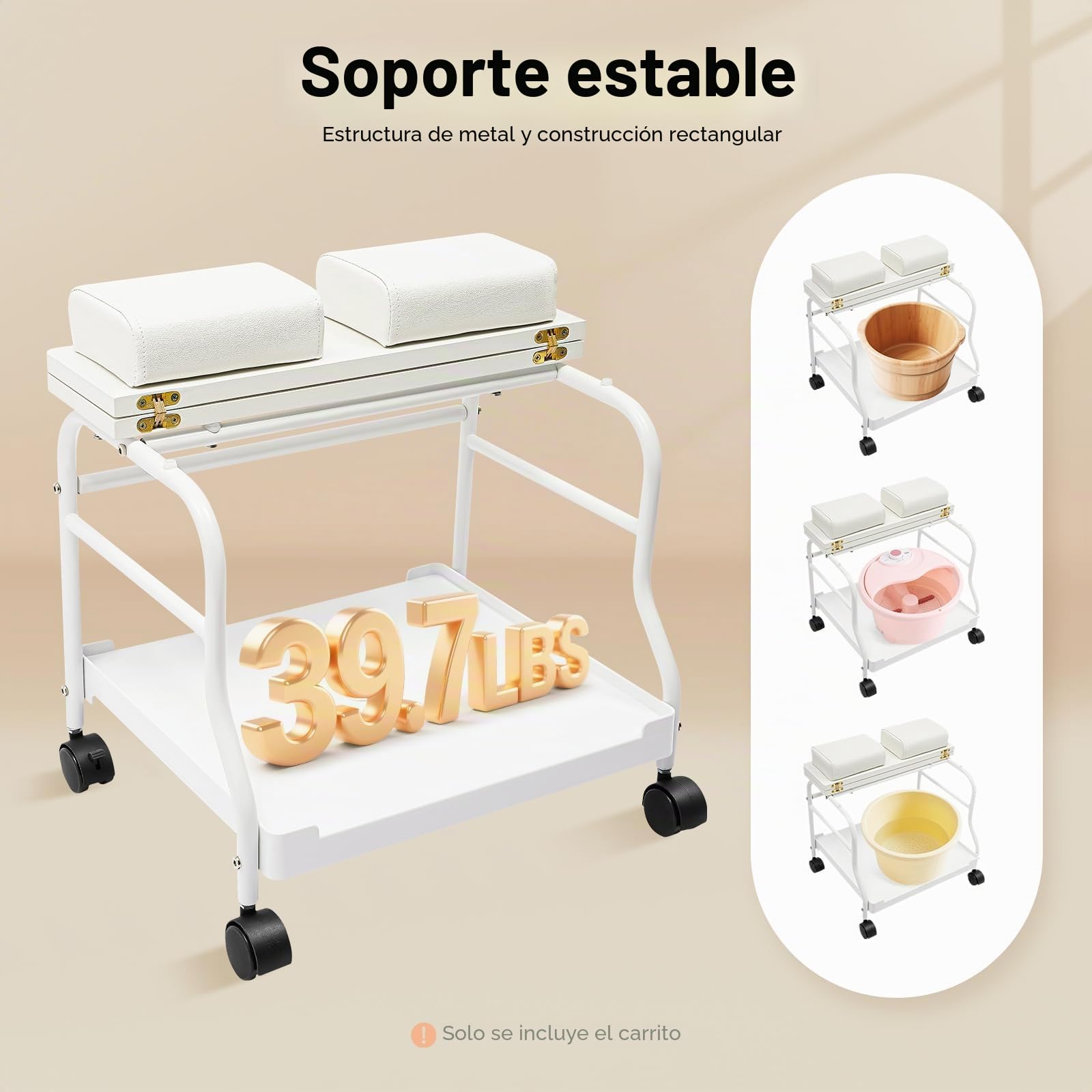 Carritos de Salón, Carrito Portátil, Pedicura, Manicura, Salón de Belleza, Baño de Pies, Reposapiés Spa, para Salones de Belleza, Clínicas Médicas, Salones de Peluquería, Baños, Casa, 50 x 42 x 47 cm,