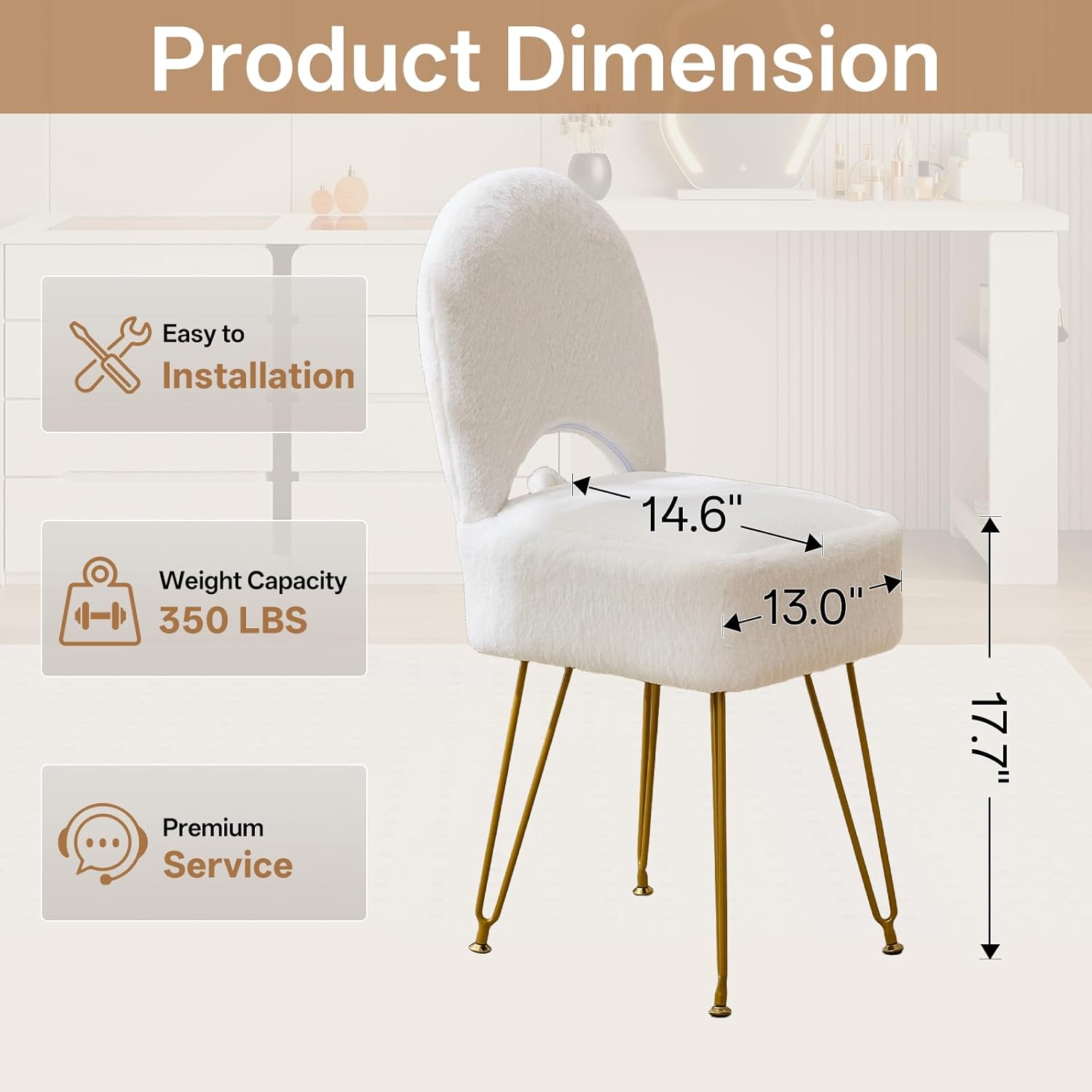 Gitrah White Vanity Chair with Storage, Folding Back Faux Fur Vanity Stool, Makeup Ottoman with Gold Legs for Bedroom/Bathroom
