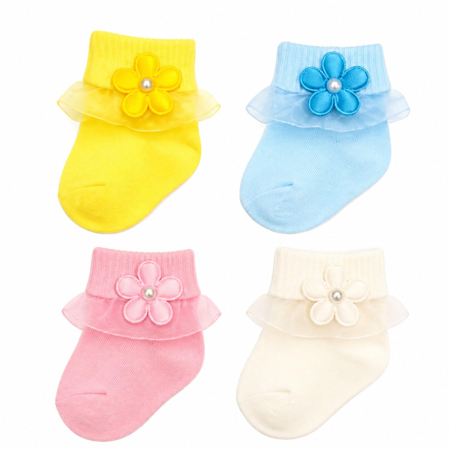 madhav communication Baby Girl Frill Socks Set of 4 Soft Cotton Newborn Infant Socks Cute Floral Lace Ruffle Socks for Babies Breathable Stretchable Comfortable Anti Slip Baby Socks Girls-picture-16