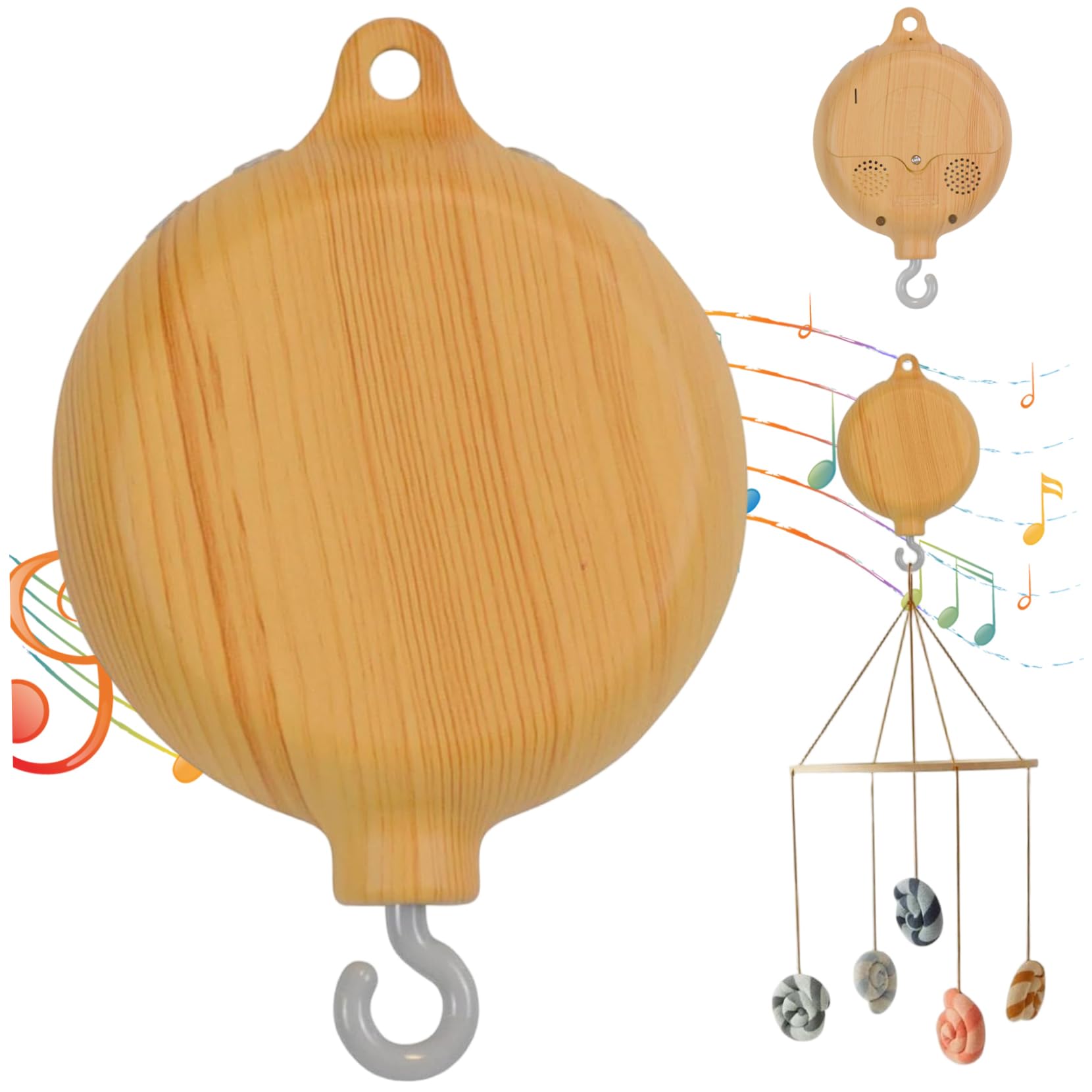 Baby Crib Mobile with Music, Imitation Wood Baby Mobile Hanger, Battery Operated Crib Music Box with Hook