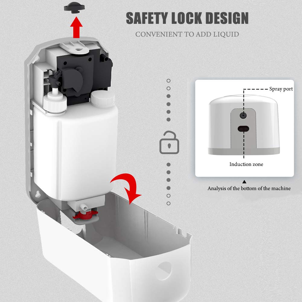 Dispensador Jabón Montaje en Pared, Dispensador Inteligente de Jabón Manos con Sensor Sin Contacto en Aerosol 850mL con Alarma Automática Manos Libres para Anomalías Gotas Grises (Grey)