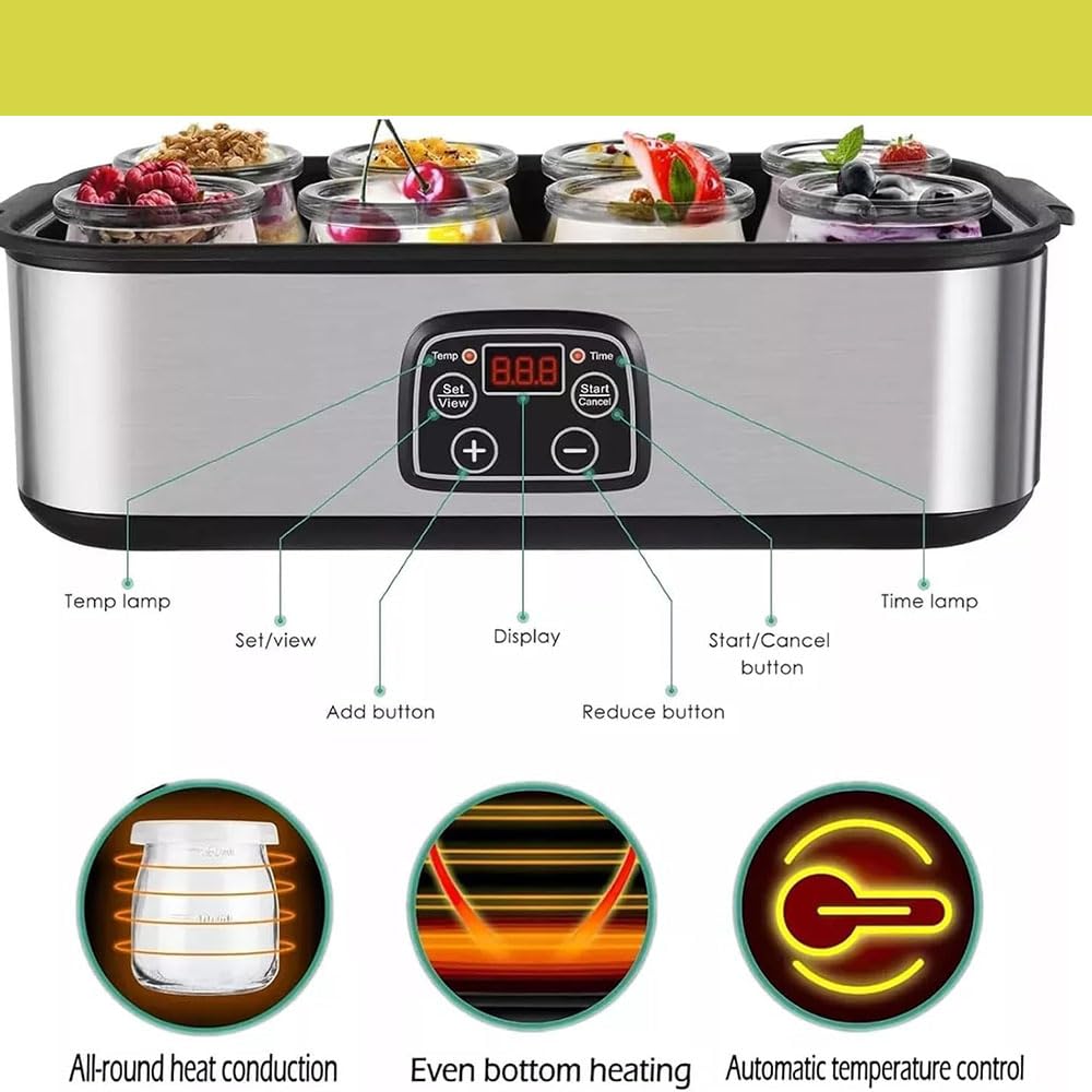 Yogurtiera Elettrica in Acciaio Inox con 8 Vasetti in Vetro, Display a LED, Temperatura Regolabile e Timer, per Preparare Il Natto Biologico