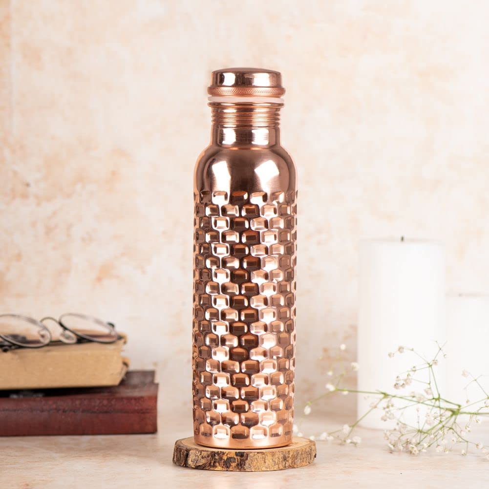HOMELY Get Crafty Pure Copper Brick Hammered Water Bottle | Ayurvedic Health Benefits 1000 ml Bottle