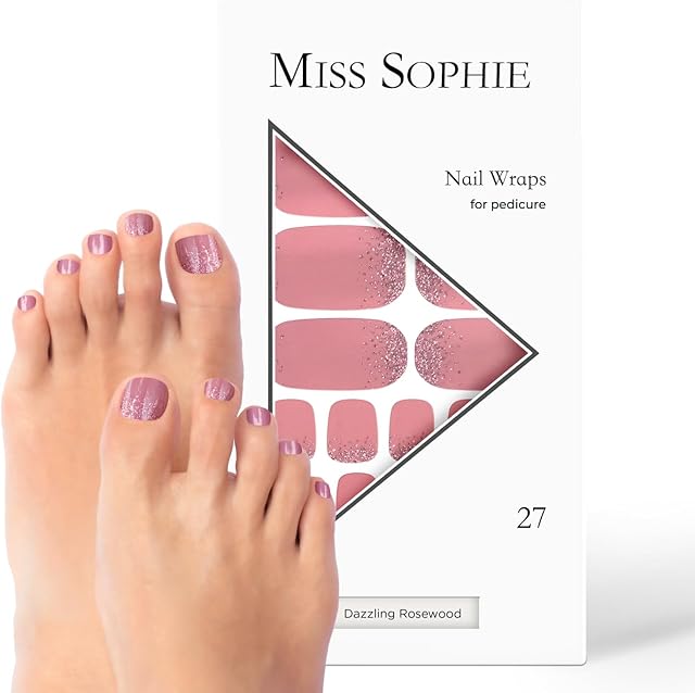 Oryginalne Miss Sophie Pedi Wraps I Dazzling Rosewood Pedicure I 27 ultra-cienkich pasków lakieru do paznokci z brokatem I do paznokci stóp I utrzymują się na naturalnych i lakierowanych, akrylowych,