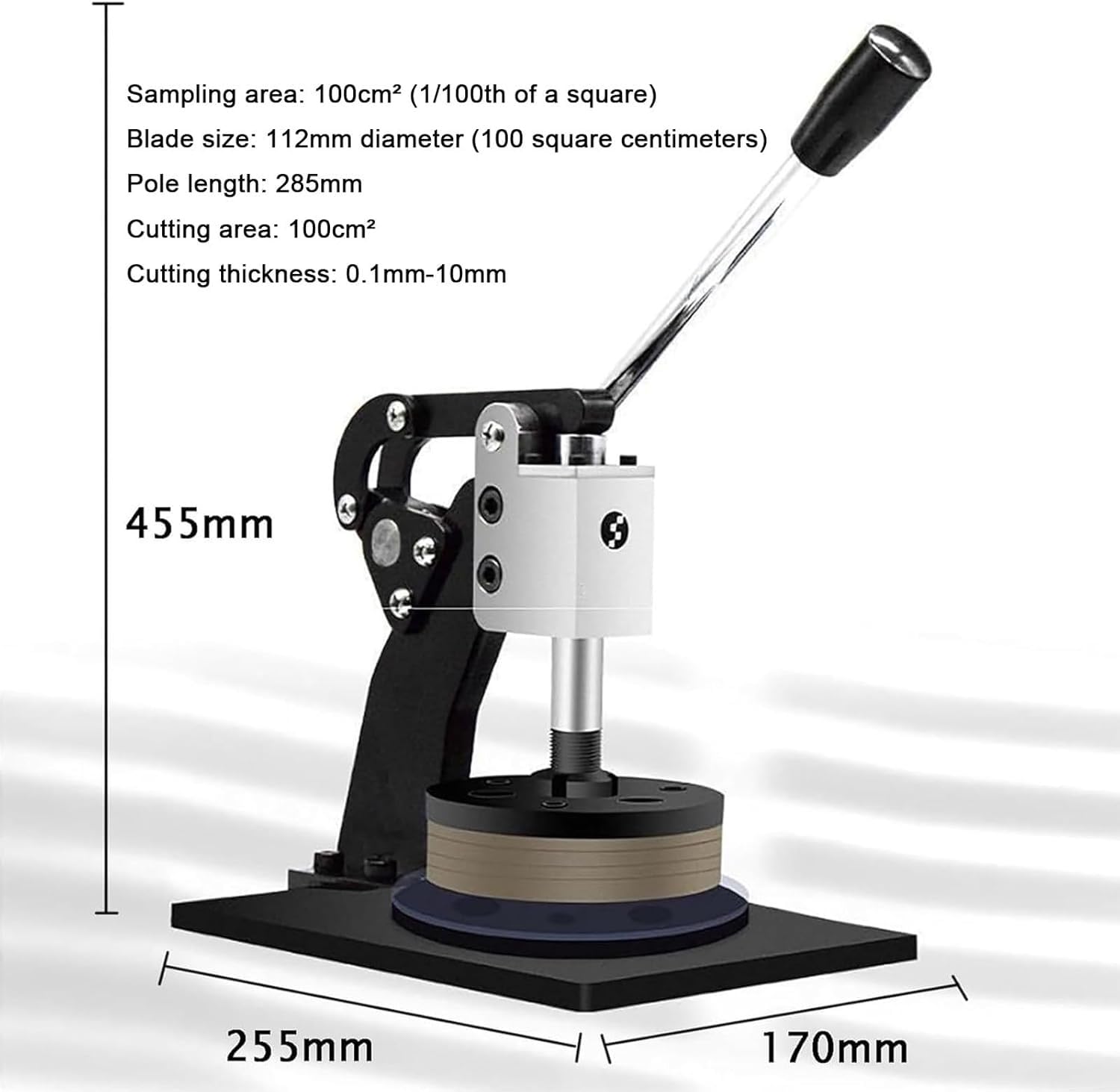 Coltello per campionamento per tessuti tessili, taglierina rotonda a pressione manuale per misurazione GSM, macchina campionatrice circolare per campioni di tappeti e tessuti, area di taglio 100 cm²