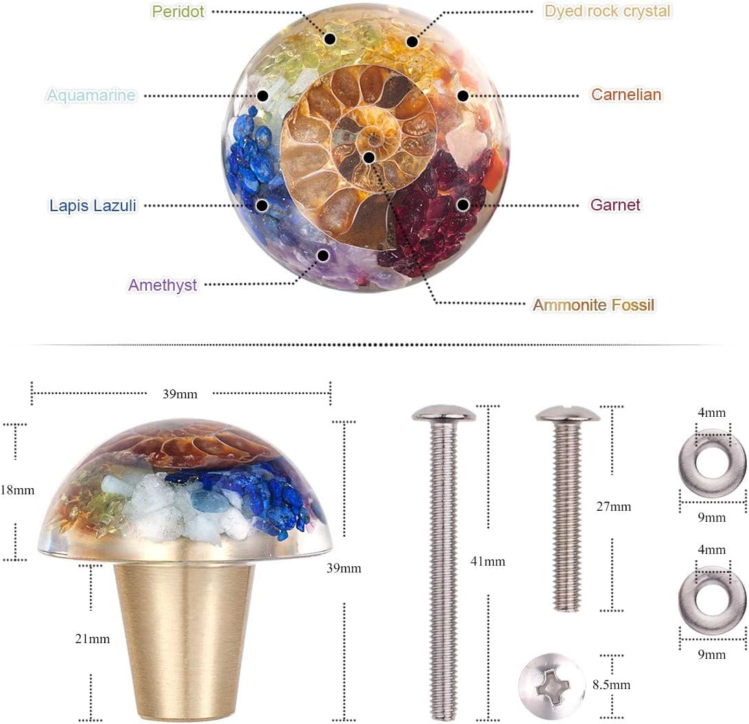 Rockcloud Pack of 2 Ammonite Fossil Colorful Chakra Stones Resin Crystal Drawer Knobs Pull Handle Cupboard Dresser Door Pull with Screws Home Decoration