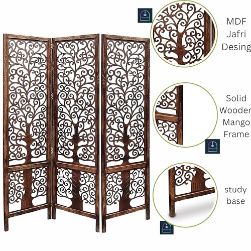 Image of Wooden Room Partition /Screen /Room Divider /Room Separator Traditional Handicrafts 6Ft (Dark Brown) (Tree 3 Panel)