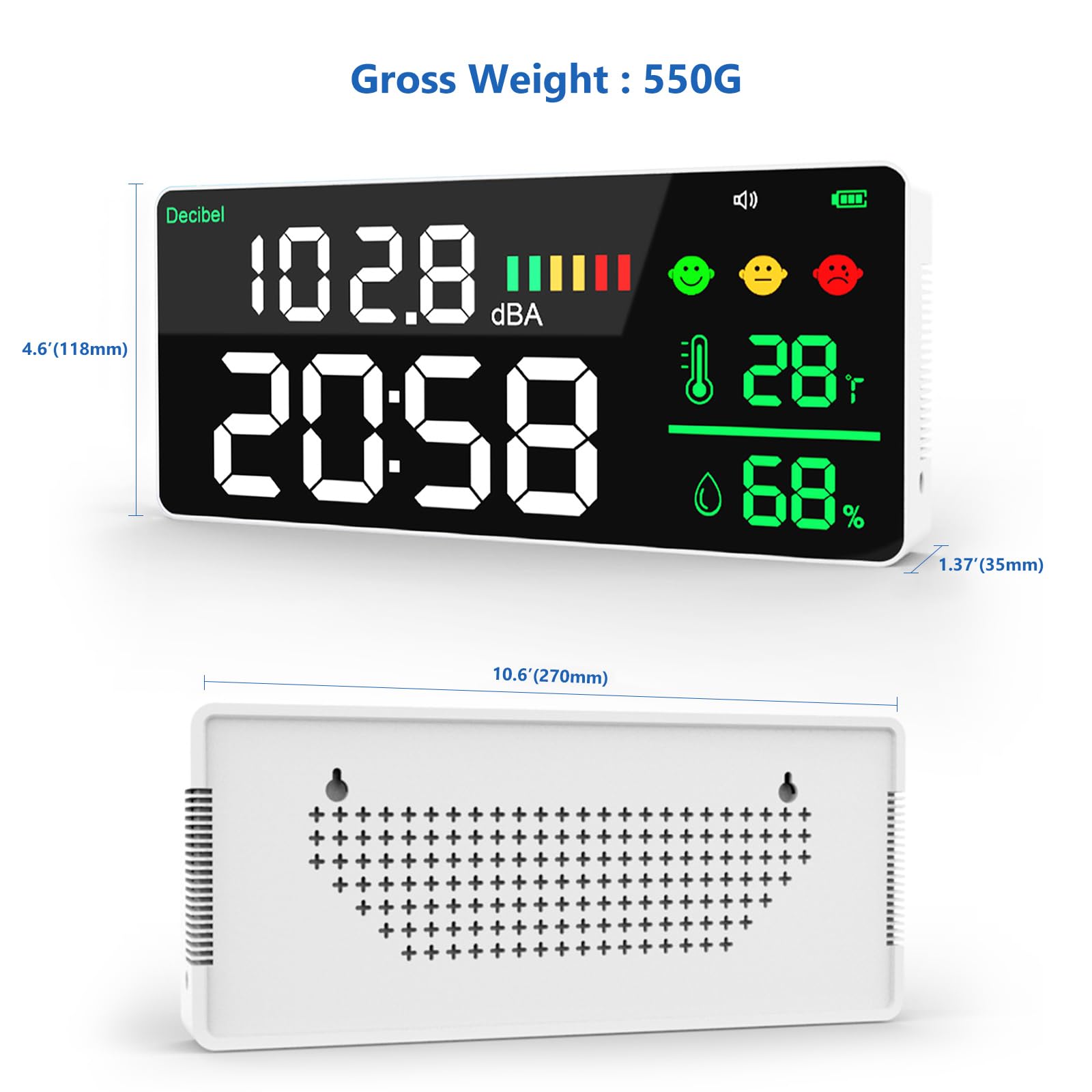 Fonometro digitale Misuratore di decibel digitale 4 in 1 rumore del livello sonoro sospeso a parete Gamma 30-130 dB Ampio display a LED da 11 pollici multifunzione Tester del livello di rumore decibel