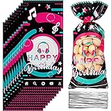 100 Pieces Music Party Cellophane Treat Bags, Black Pink Blue Happy Birthday Party Plastic Candy...