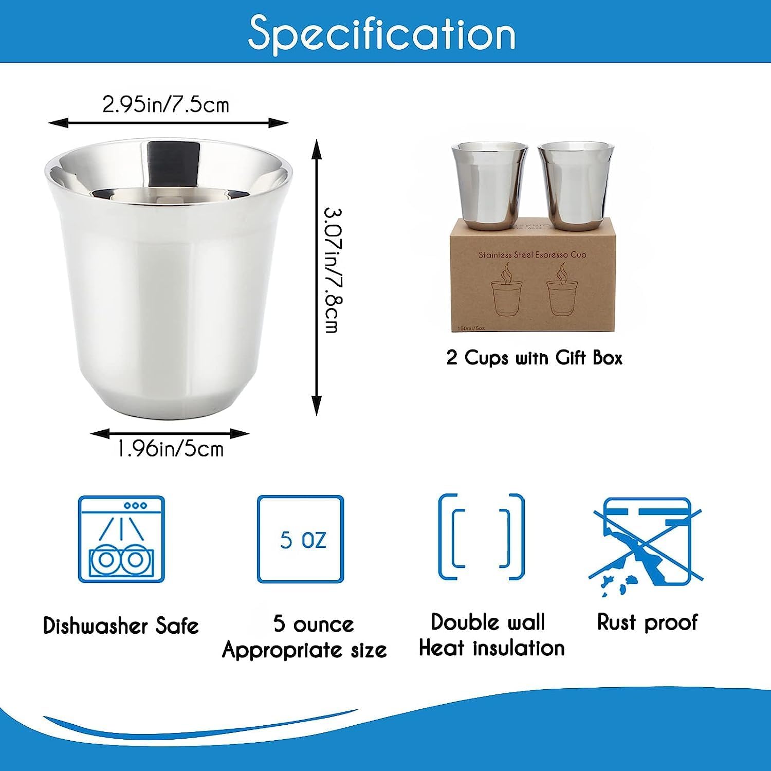 Easyworkz Stainless Steel Espresso Cup 2pcs Set Double Wall Insulated Metal Demitasse Cups 5 oz - Image 2