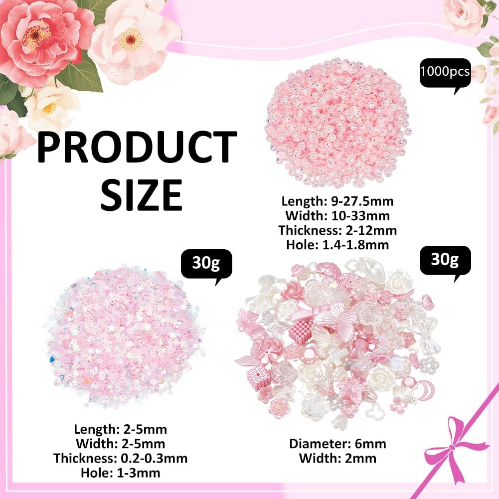 NBEADS Resin Flower Beads Kit, 30g PVC Sequins 30g Plastic Bow Butterfly Flower Beads and 1000pcs Plastic Cabochons DIY Jewelry Supplies for Phone Case Nail Care Shoe Decoration, Pink image 2