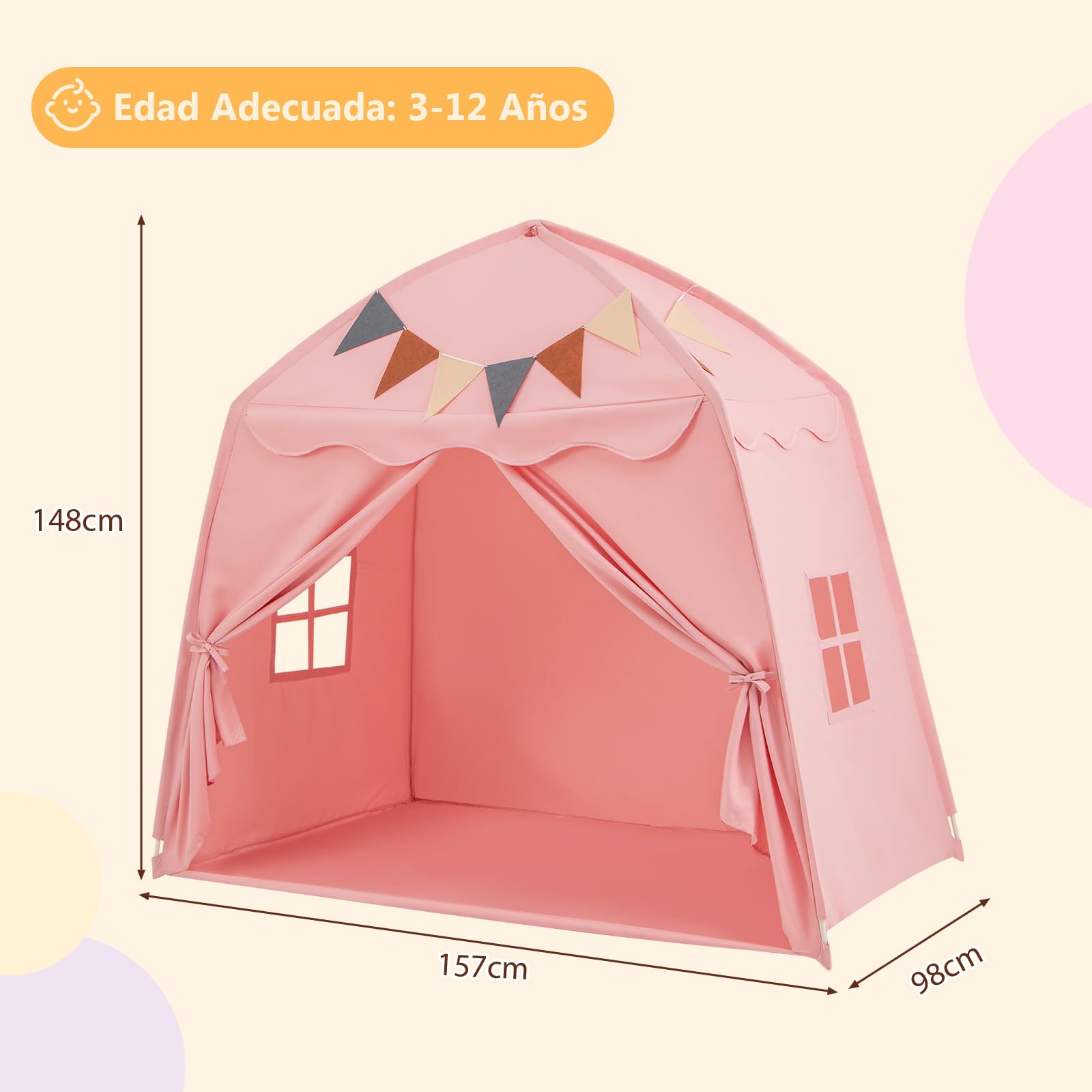 GOPLUS Tienda Grande para Niños, Casa de Juego en Forma de Cúpula con Luces Brillantes, Banderines, 2 Puertas 2 Ventanas, Tienda Tipi Lavable a Máquina para Niños de 3+ Años (Rosa)