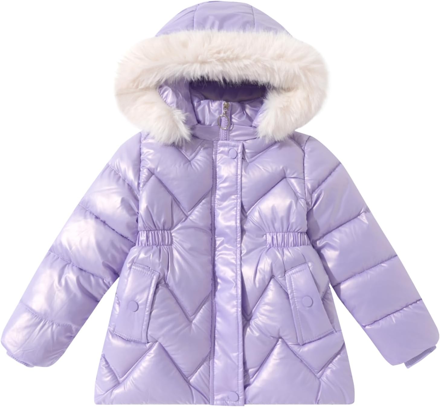 SEAUR Girl's Fleece Jackets Hooded Faux Fur Trim Winter Shiny Coat Long Sleeve Padded Outwear Snow Puffer Jackets 3-9T