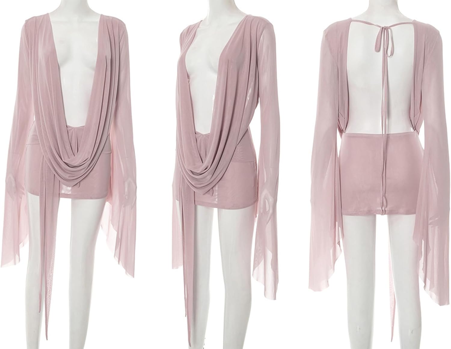 NRTHYE Women Sexy Mesh Mini Dress Draped Cowl Neck Backless Long Sleeve Cover Up Beach Cocktail Dresses - Image 6