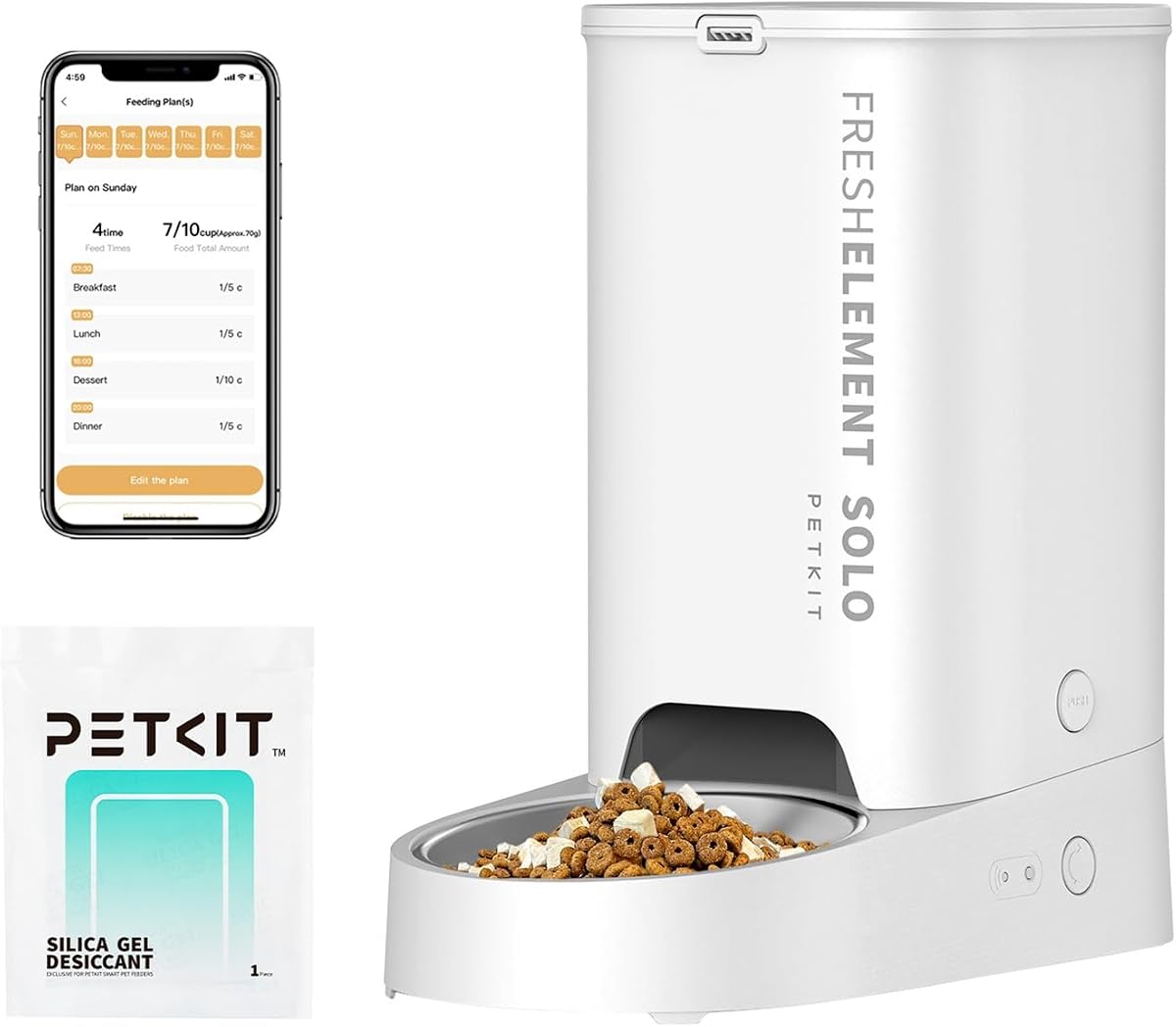 PETKIT Automatic Cat Feeder, 2.4G WiFi, 3L Food Dispenser Cats/Dogs, App Control, 1-10 Meals a Day, Freeze-Dried Compatible, Stainless Steel Bucket, USB Cable (Milk White)