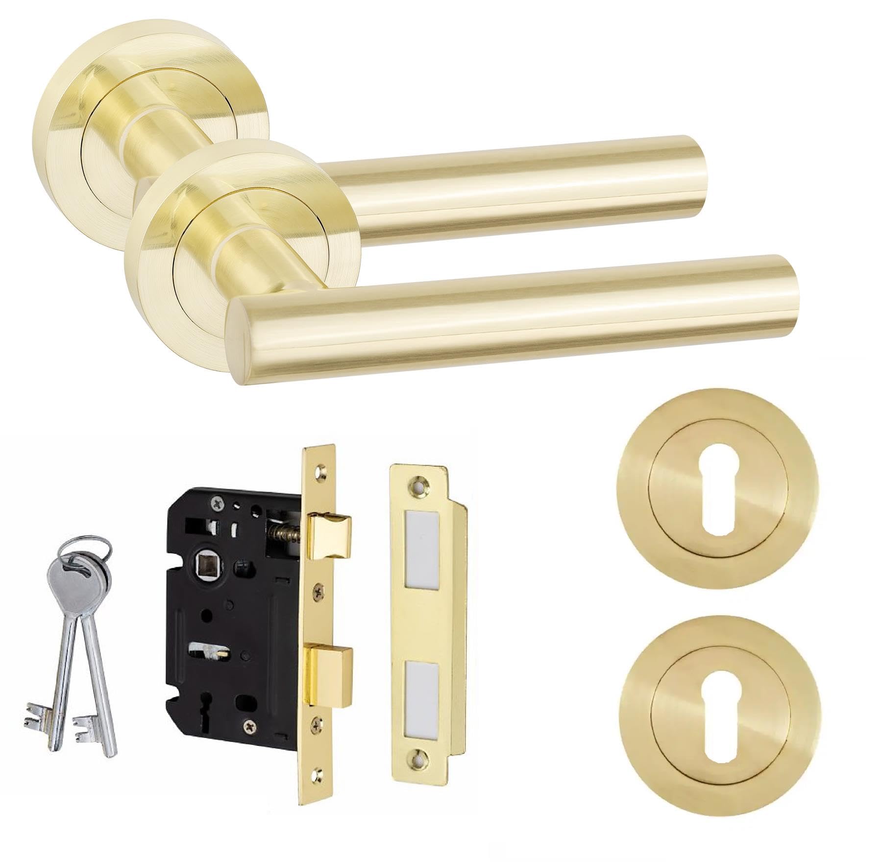 Golden Grace T-Bar Door Handle Mortise Lock Set, Satin Brass