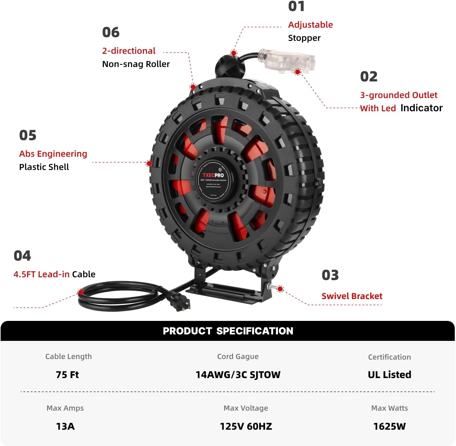 75FT Retractable Extension Cord Reel, 14AWG/3C SJTOW Heavy Duty Power Cord with Lighted Triple Tap Outlet, 13AMP, Swivel Removable Bracket for Wall/Ceiling Mount, UL Listed