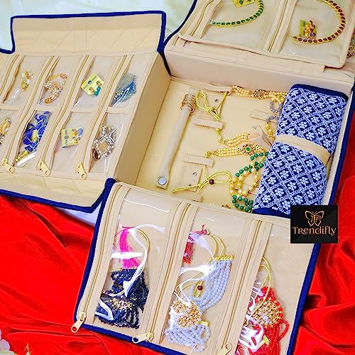 Image of Trendifly silk Lucknowi Jewellery Organiser Box for women Necklace organizer pouches Travel Makeup Cosmetic Earrings Jewelry Storage box for Bridal Gifting (Blue)