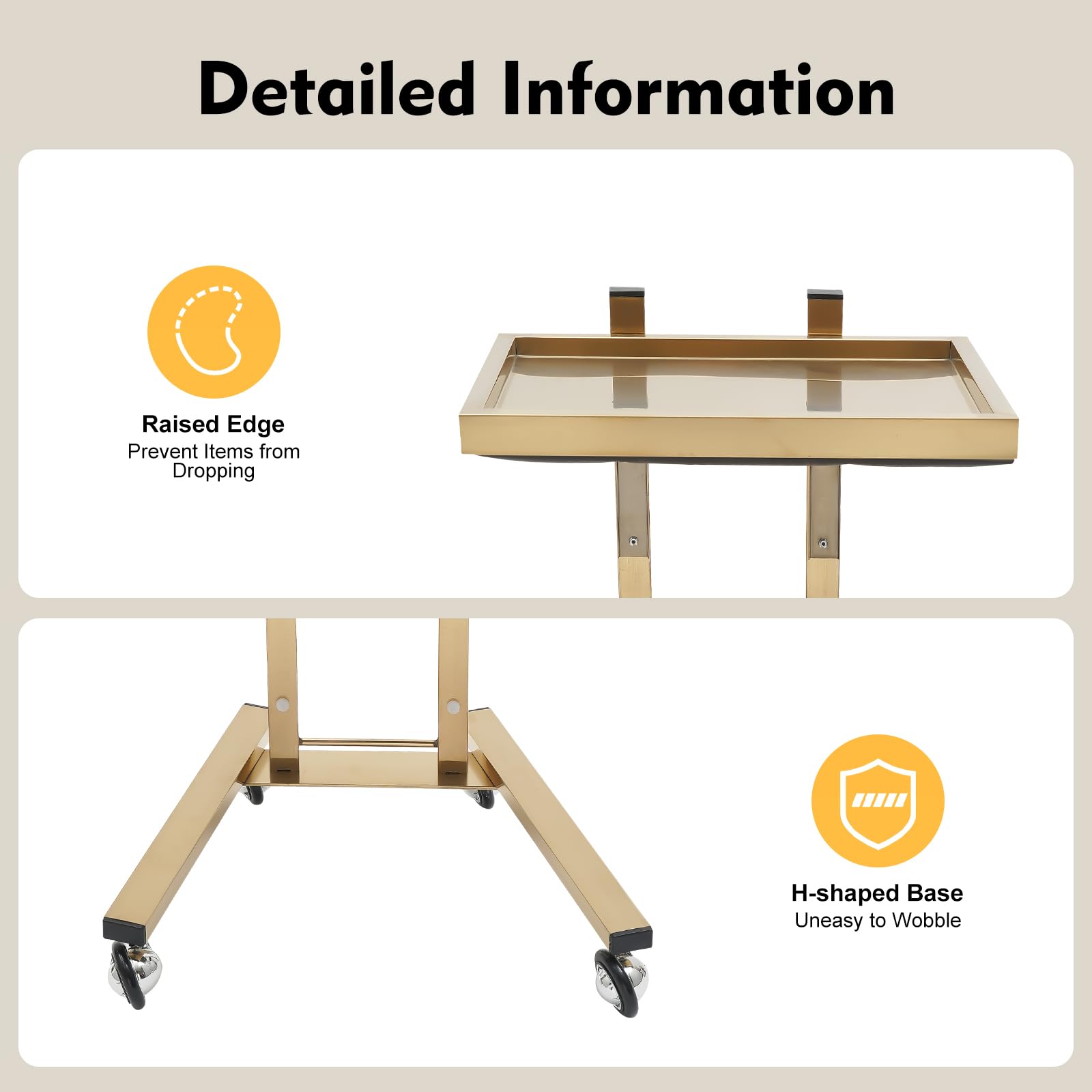TENNIEX Esthetician Cart with Wheels, 2-Tier Gold Beauty Salon SPA Rolling Cart, Hairstylist Rolling Carts Tray Trolley Stainless Steel