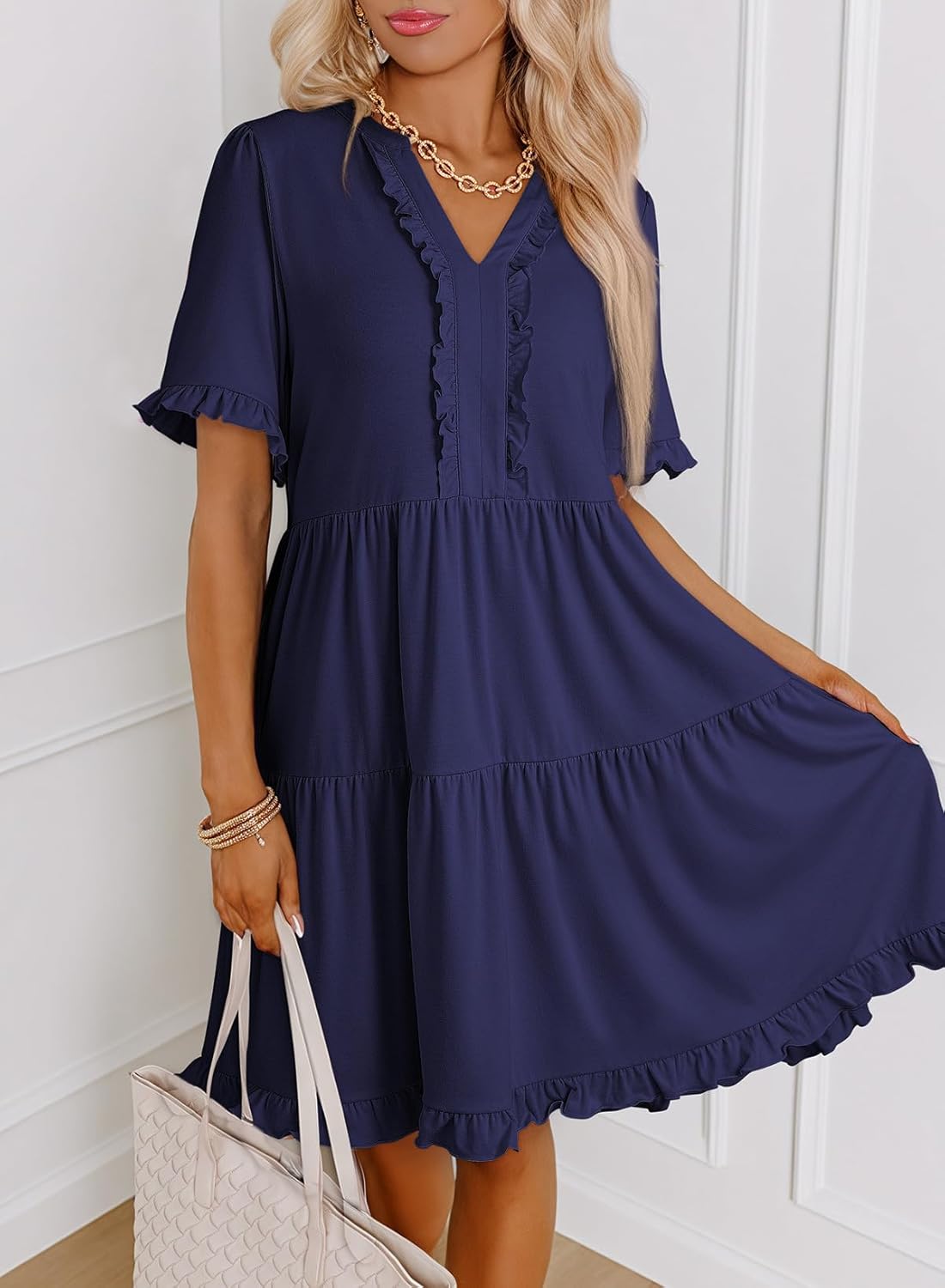Dokotoo Womens Summer Dresses 2026 V Neck A Line Short Sleeve Casual Ruffle Babydoll Mini Dress